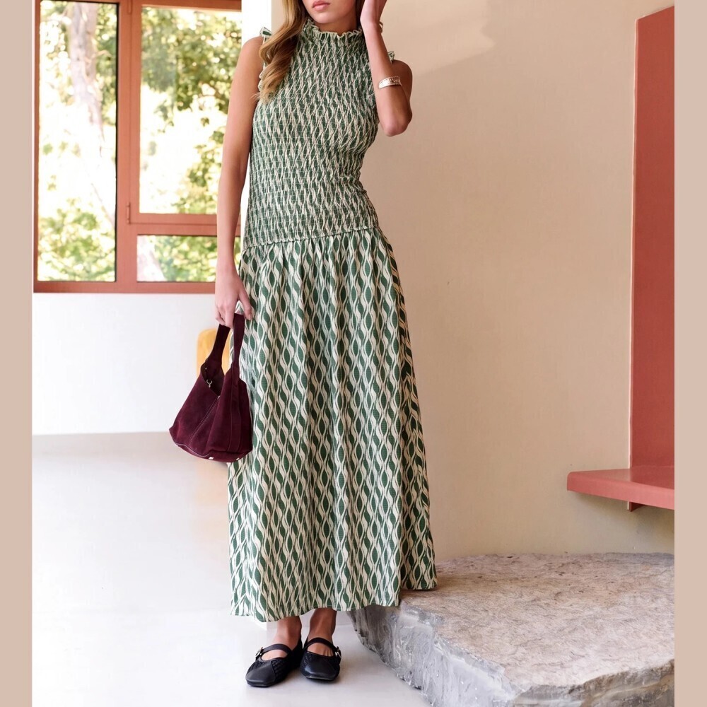 Green Geometric Print Smocked Stand Collar Maxi Dress